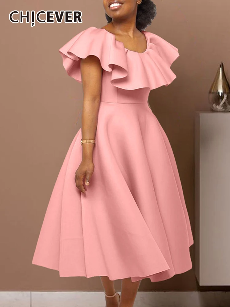 

CHICEVER Solid Pleated Dresses For Women Round Neck Short Sleeve High Waist Slimming Patchwork Ruffles Midi Dress Female Summer