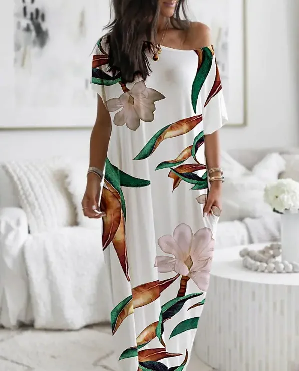 

Vintage Floral Print Short Sleeve Maxi Dress Women 2022 Summer Fashion New O Neck Loose Pocket Long Dresses