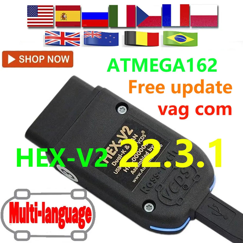 

2022 Latest VAG COM 22.3 OBD2 Scanner HEX V2 USB Interface FOR VW AUDI Skoda Seat Unlimited VINs Polish English French Atmega162