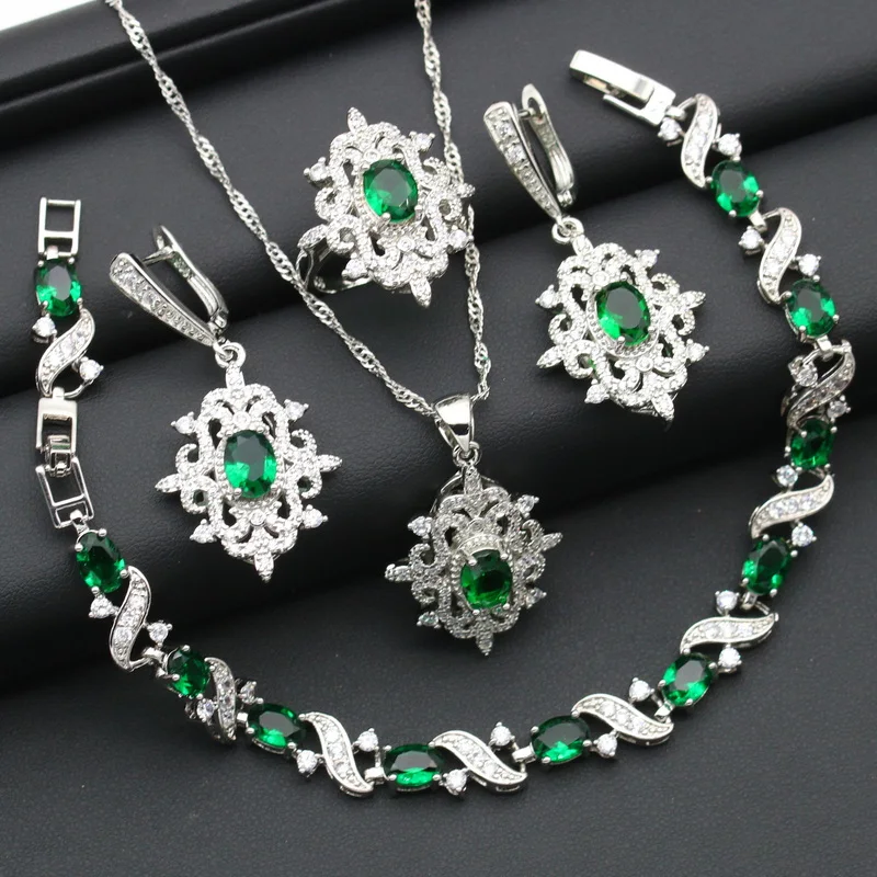 

New Arrivals Green Zircon Silver Color Jewelry Sets for Women Exquisite Bracelet Earrings Necklace Pendant Ring Wedding Jewelry