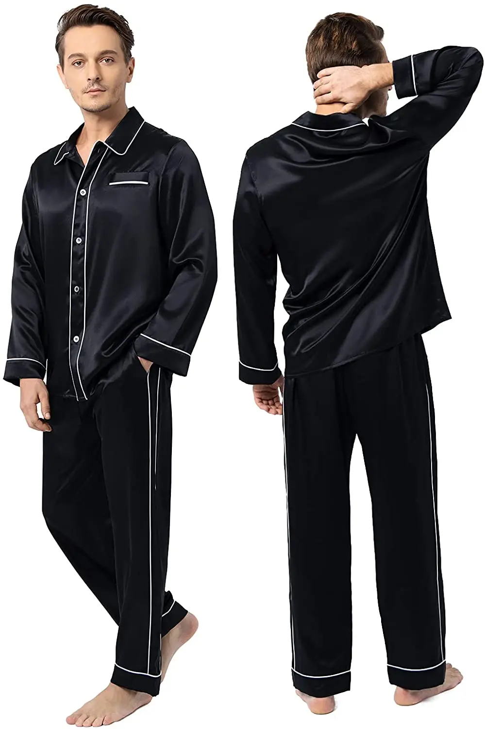 

Пижамный комплект YUNFREESILK из шелка с надрезом на воротнике для мужчин, Рождественская одежда 19 Momme, самая удобная одежда для сна с двухрядной ...