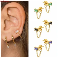 womens 925 sterling silver ear needle square crystal zircon chain stud earrings fashion premium party jewelry huggie earrings