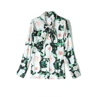 original brand fashion luxury womens sicilian tie bow rose flower print top long sleeve shirt button up shirt women tops