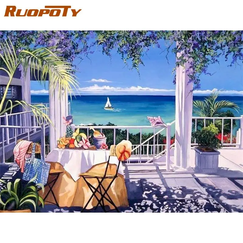 

RUOPOTY DIY Frame Paint By Number Balcony Kits Unique Gift Handpainted Picture By Number Landscape On Canvas Home Decoration