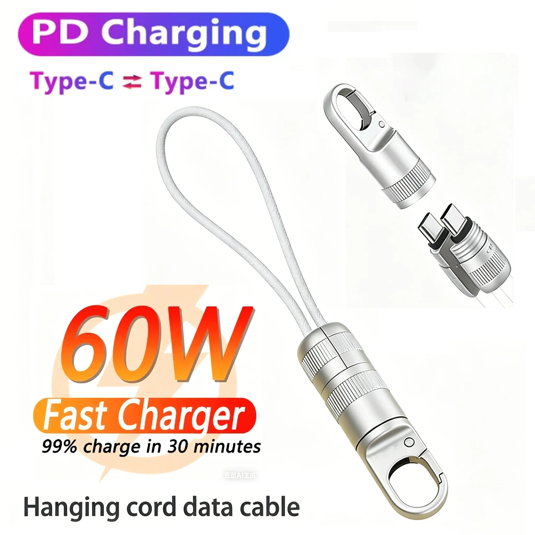 Фото Короткий кабель USB-C на USB-C для быстрой зарядки 60 Вт, брелок-кабель для зарядки ноутбуков и планшетов, Type-C на Type-C для iPhone Pro №1