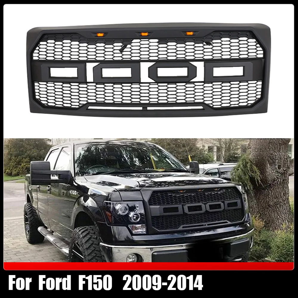 

Car Front Grill 4X4 Offroad Bumper Grille W/ Amber LED Light & Replacement Letter Modified Raptor Grills For Ford F150 2009-2014