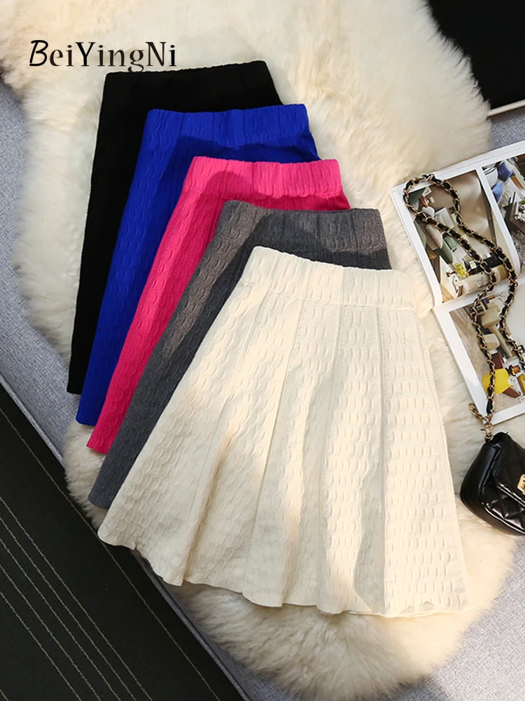 

Beiyingni Autumn Winter A-line Skirts for Women Knitting Mini Pleated High Waisted Skirt Casual Korean Street Cute Short Faldas