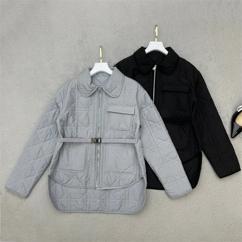 

Women Fashion Cotton Padding Turn Down Collar Jackets Multi Pockets Loose Coats with Belt Elegant Autumn Clothes