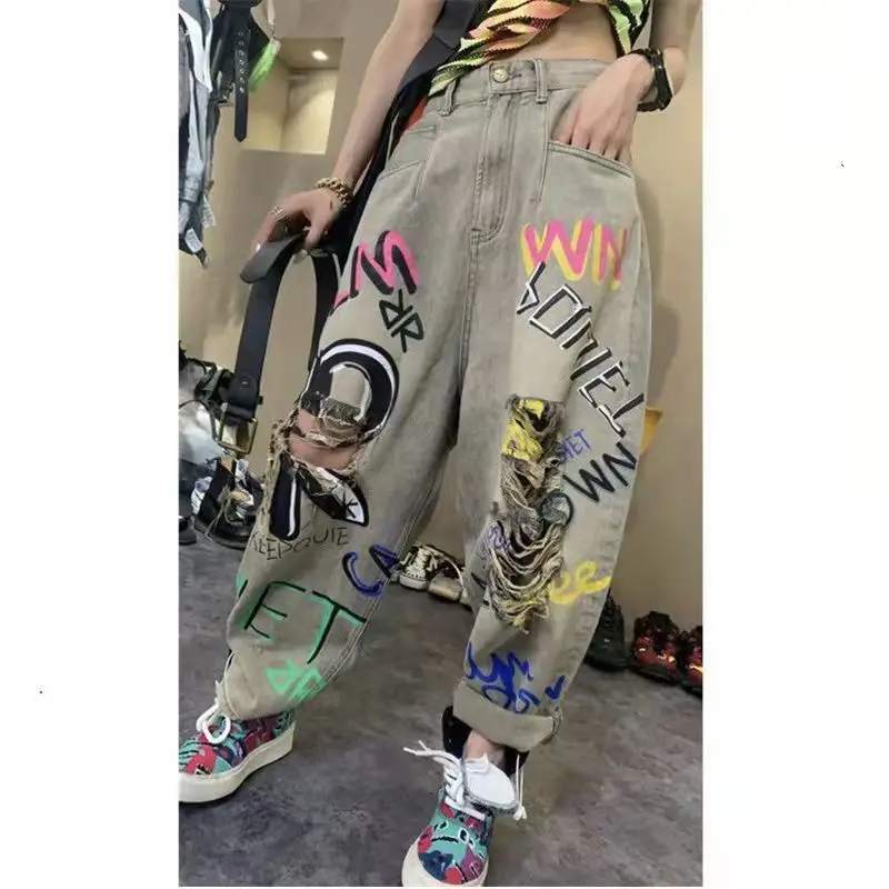 

Европейские товары, рваные женские джинсы с принтом, новинка 2022, Свободные повседневные брюки в стиле ретро, Национальный стиль, для тяжелой...