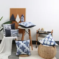 Cushion Cover 45x45cm for Sofa Living Room Bedroom Home Decor Pillow Case Mediterranean Style Blue White Tie Dye Linen Print