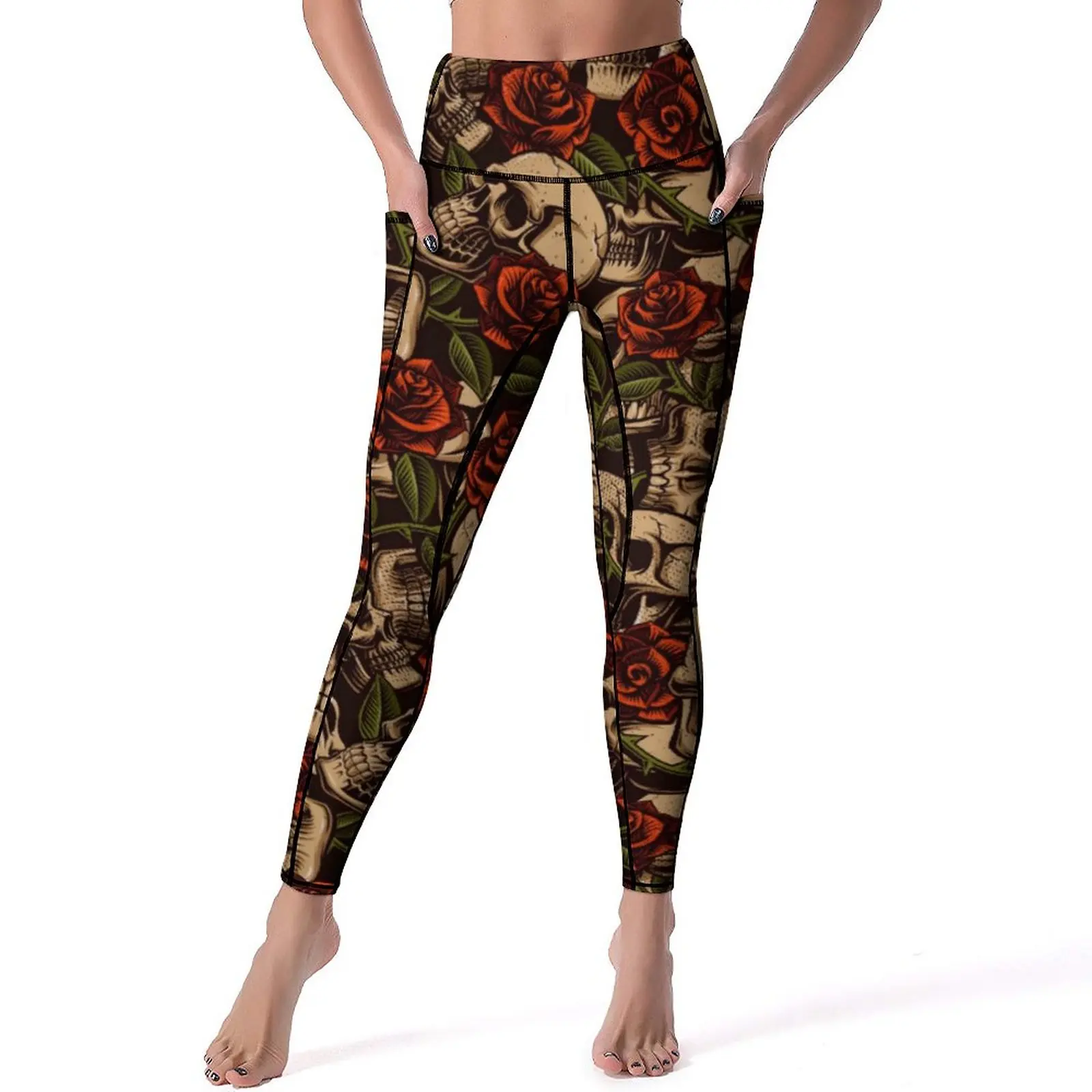 

Suger Skull Print Leggings Sexy Red Roses Push Up Yoga Pants Fashion Quick-Dry Leggins With Pockets Custom Fitness Sports Tights