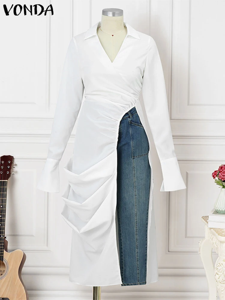 2024 VONDA элегантная женская плиссированная блузка модные топы с нерегулярным