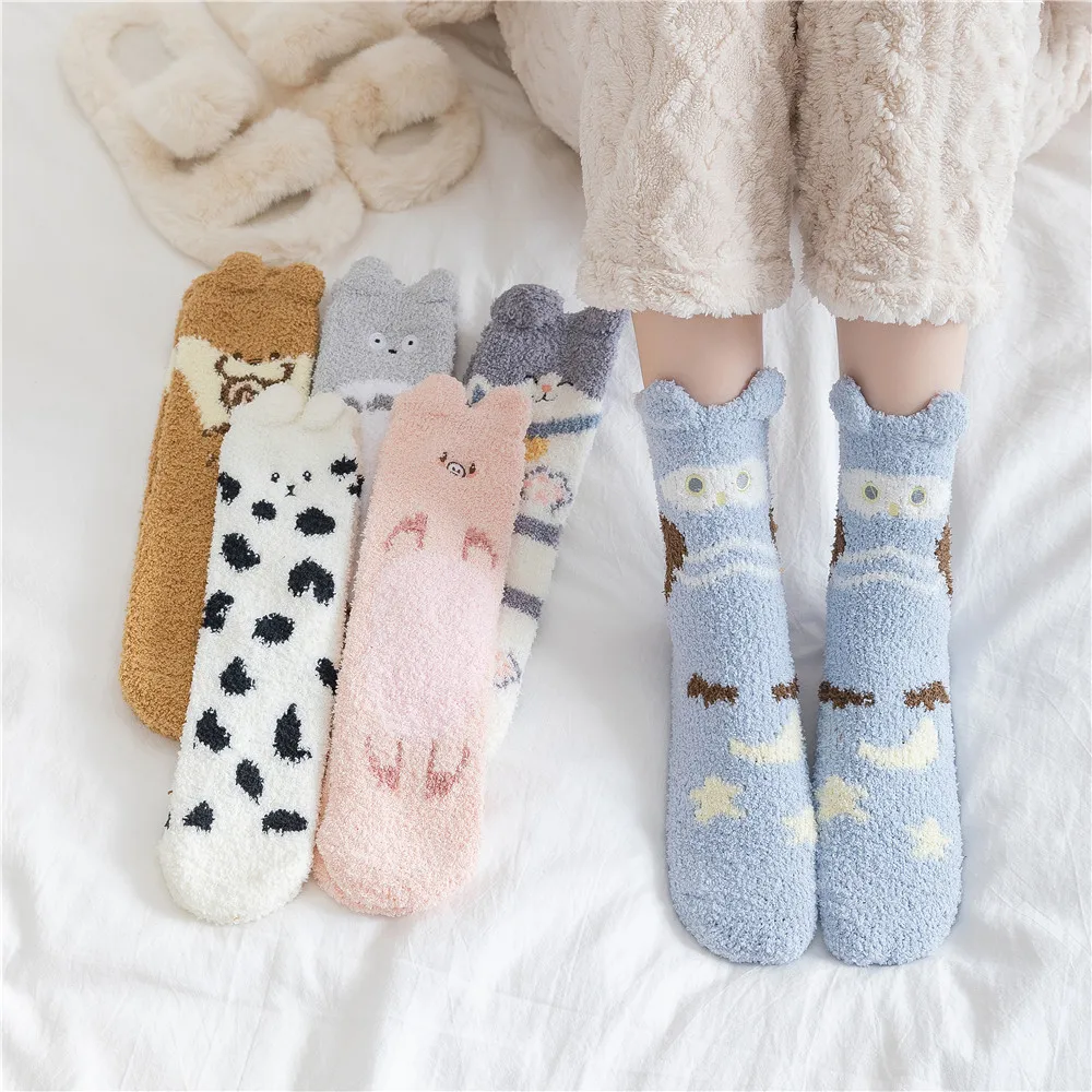 

10 Pairs Women's Home Coral Fleece Socks Female Animals Design Socks Kawaii Thick Warm Winter Cute Sleeping Floor Socks