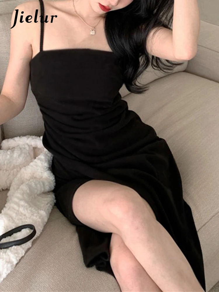 Jielur Женские платья без бретелек черные Асимметричные плиссированные однотонные