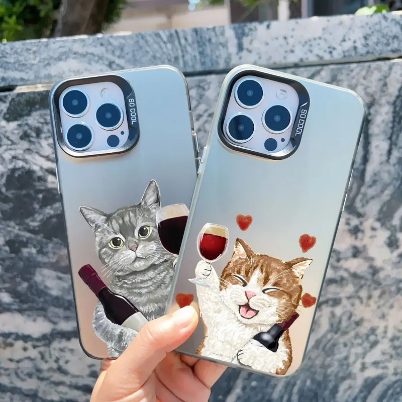 Cute Happy Cat Goblet Red Wine Etui na telefon do iPhoneɺ 12 11 Pro Max 15 14 13 Mini Plus Wstrząsoodporne laserowe pokrowce plecy