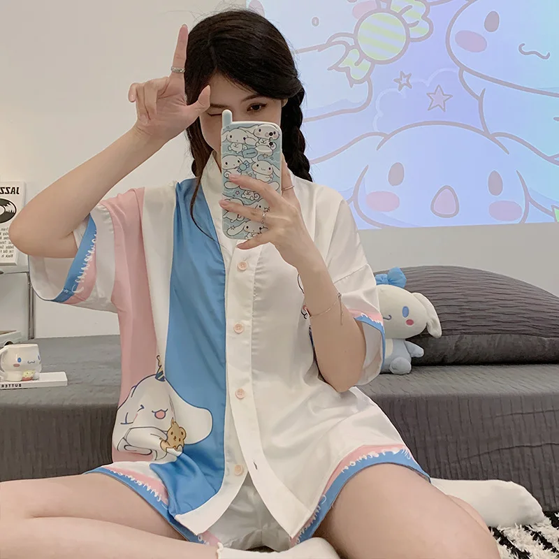 

Sanrios Cinnamoroll Kuromi kawaii аниме мультфильм лед Шелковая пижама набор для женщин летние шорты с коротким рукавом домашний костюм