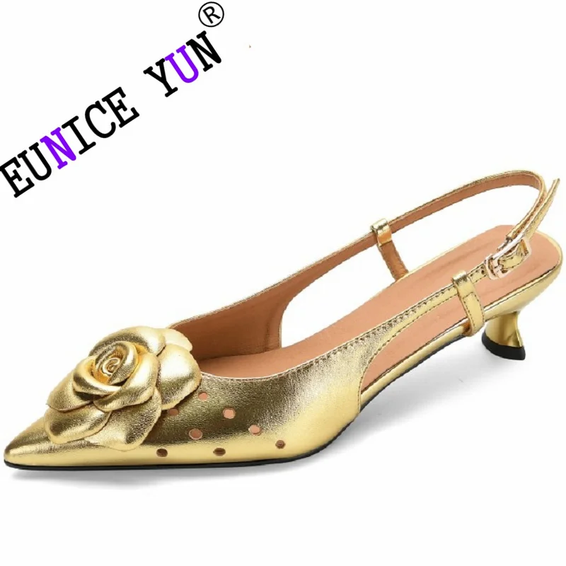 

【EUNICE YUN】Brand Genuine Leather pointed toe high heels flower stiletto sandals Woman Summer Elegant middle Heeled slingbacks