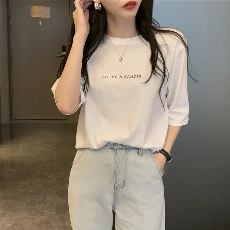 

Женская свободная футболка с коротким рукавом, хлопковая футболка с коротким рукавом и буквенным принтом, топ для отдыха, весна-лето 2022