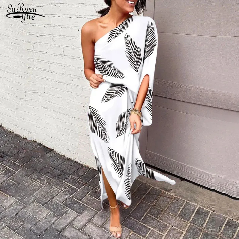 

Elegant Floral One Shoulder Dress 2022 Summer Woman Sexy Printed Dress for Women Robe Diagonal Collar Casual Maxi Dress 22128