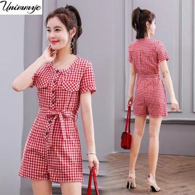

2022 New Summer Short-sleeve Plaid Jumpsuits o-neck Office Lady Jumpsuits Women korean fashion Lace-up Overalls Romper X70