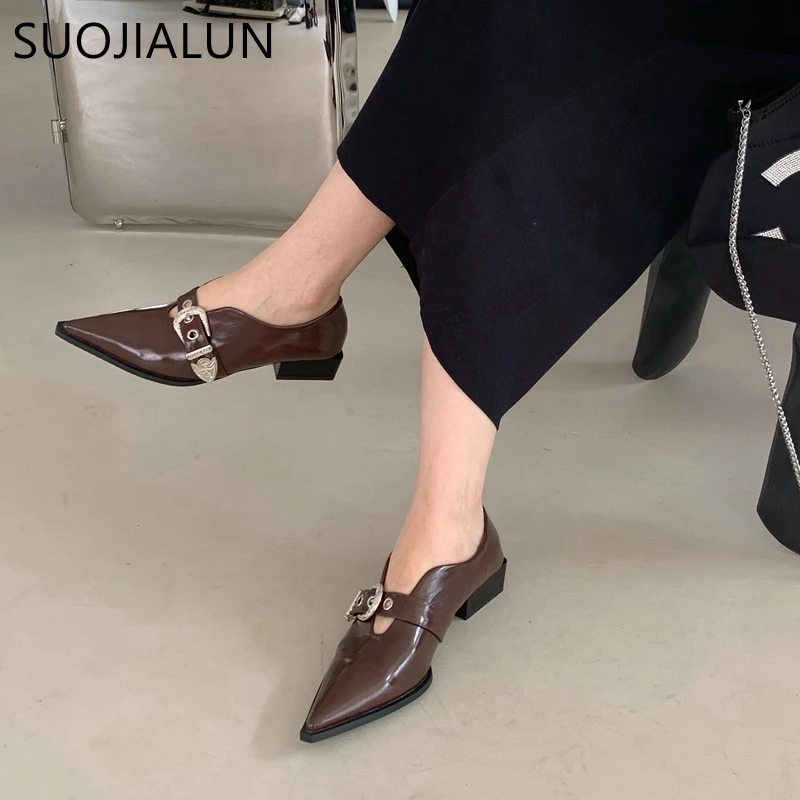SUOJIALUN 2023 Spring New Brand Women Flat Shoes Fashion Pointed Toe Shallow Ladies Loafers Square Low Heel Female Working Shoes