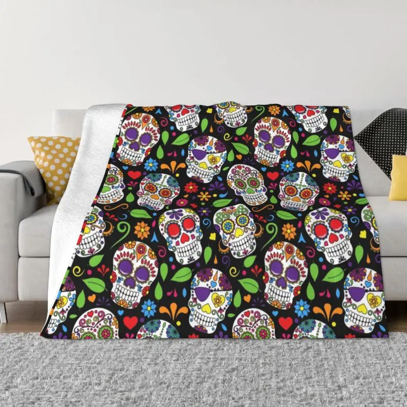 

Colorful Sugar Skull Flower Black Pattern Blankets Warm Flannel Mexican Day of the Dead Throw Blanket for Sofa Office Bedspreads