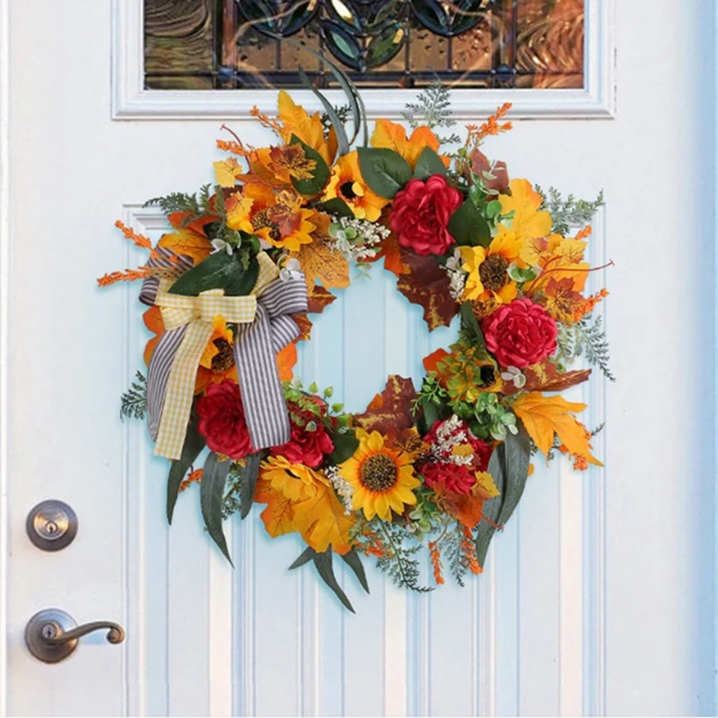 

Fall Wreaths For Front Door, Sunflower Autumn Wreath, Pumpkins And Burlap Bows, For Farmhouse Outside