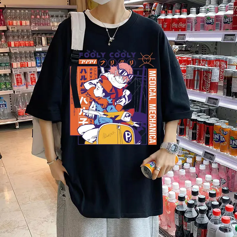 

Anime Fooly Cooly Print T-shirt Flcl Haruko Vespa Black T Shirt Harajuku Hip Hop Men Women Oversized Manga Casual Cotton Tees