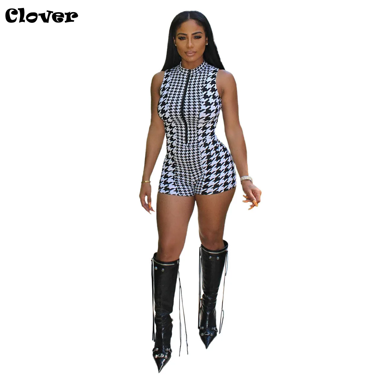 

Chiclover Houndstooth Women Sleeveless Playsuit Zipper Patchwork Bodycon Casual One Piece Outfits Rompers 2022 Dropshipping