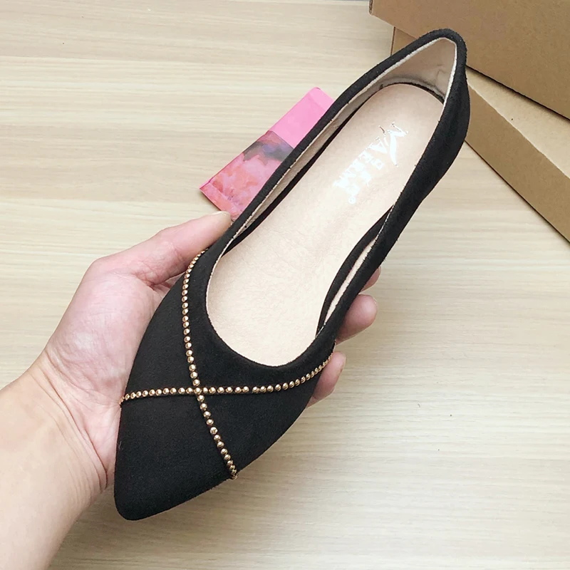 

Black Flats for Women Dressy Comfort OL Working Shoes Flat Heel Pointed Toe Velvet Flock Leather Simple Basic All Match Flats