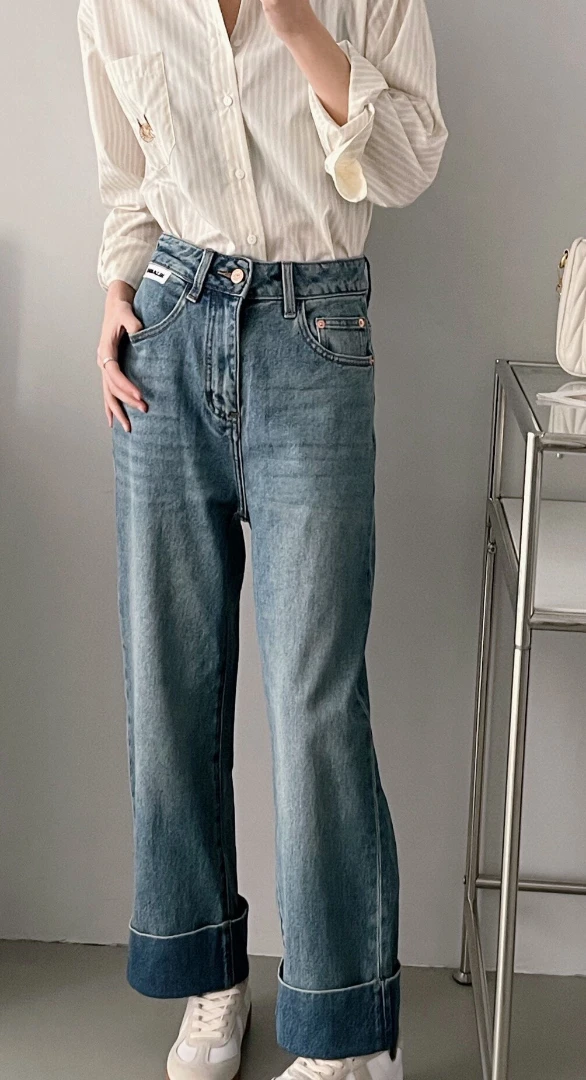 

153170 модные классические модные роскошные дизайнерские новые прямые слегка широкие брюки с высокой талией женские джинсы J1