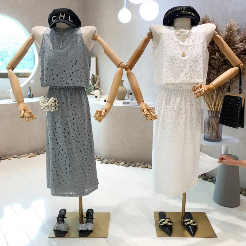 

New Women's Clothing 2022 Summer Fashion thin loose hollow out solid color sleeveless high waist split skirt two piece set