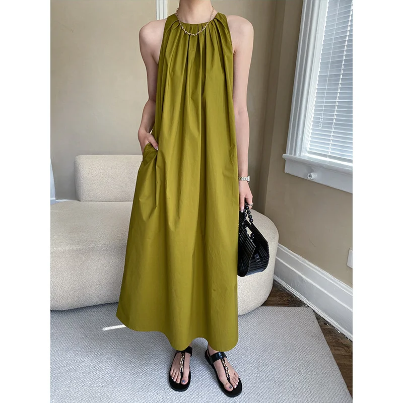 

Summer Halter Sleeveless Off Shoulder Women Dress Round Neck Loose Solid Color Pleated Cotton Midi Dresses