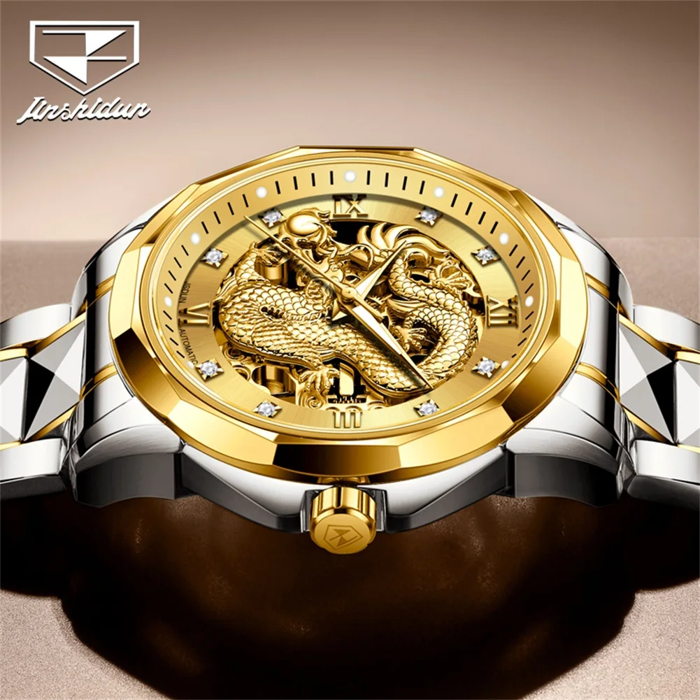 Фото Мужские наручные часы JINSHIDUN 8840 Dragon Watch, роскошные, с ажурным циферблатом, бриллиантовой инкрустацией, HD-подсветкой, водонепроницаемые, автоматические, механические. №4