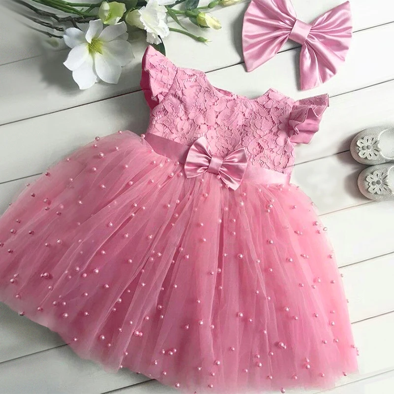 

Baby Girl Dress Lace Flower 1st Birthday Beading Dress Newborn Baby Girl Christening Gown Infant Party Princess Pink Vestidos