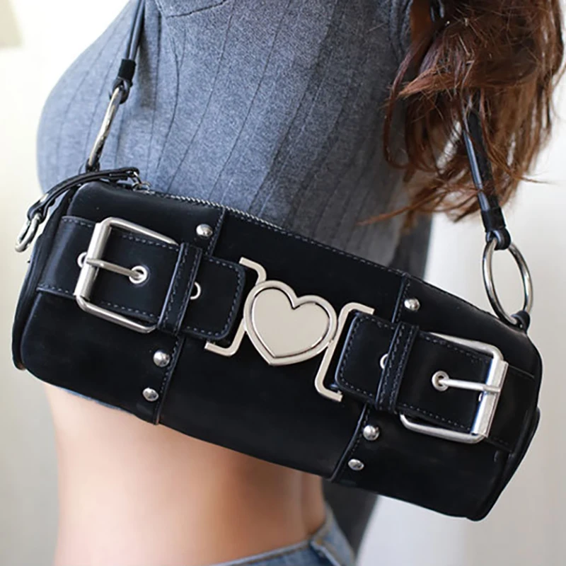 

Cool Black Metal Heart Decoration Street Fashion Women's Bag Gothic Punk Motorcycle Witch Chic Bag Harajuku Armpit Vintage Bag