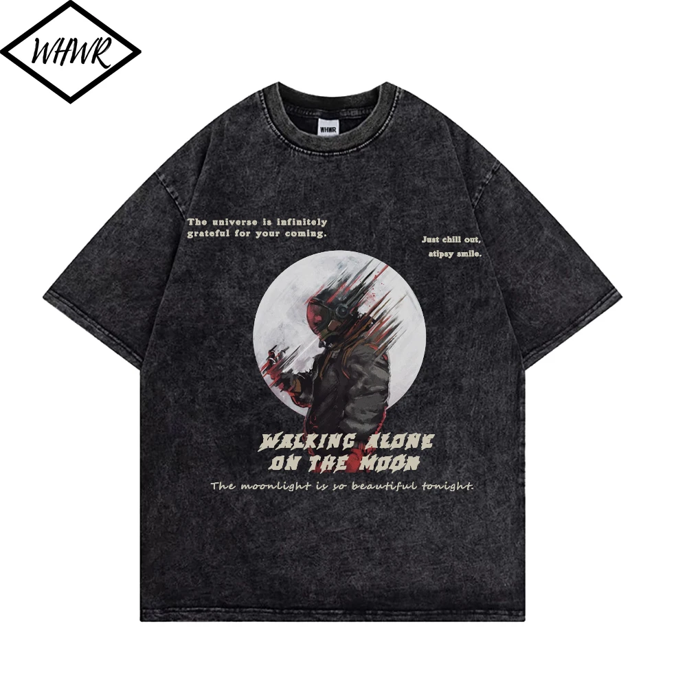 

WHWR Summer 100% Cotton Harajuku Tees Moon Pattern Print Men T-shirt Hip Hop Streetwear Tops for Men Retro Washed Casual T Shirt