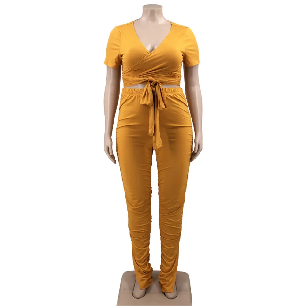 Plus Size Two Piece Outfits Women Clothing Summer Bandage Top Stacked Leggings Matching Set New Wholes 3xl 4xl 5xl 6xl