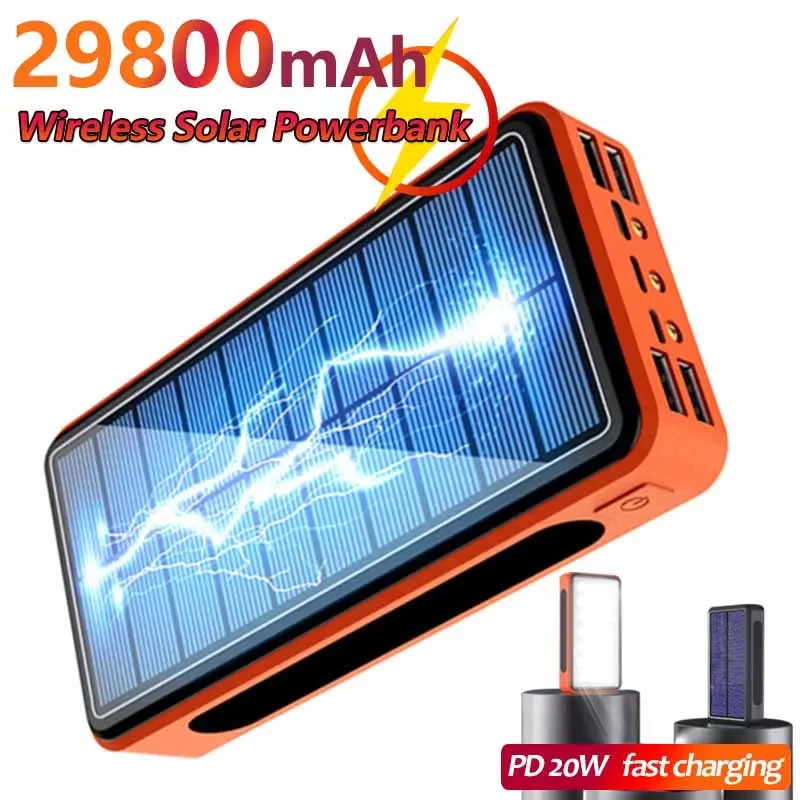 

NEW2023 Fast Charging 29800mAh Solar Wireless Power Bank Large-capacity Charger 4USB Port with LED Light External Battery Power