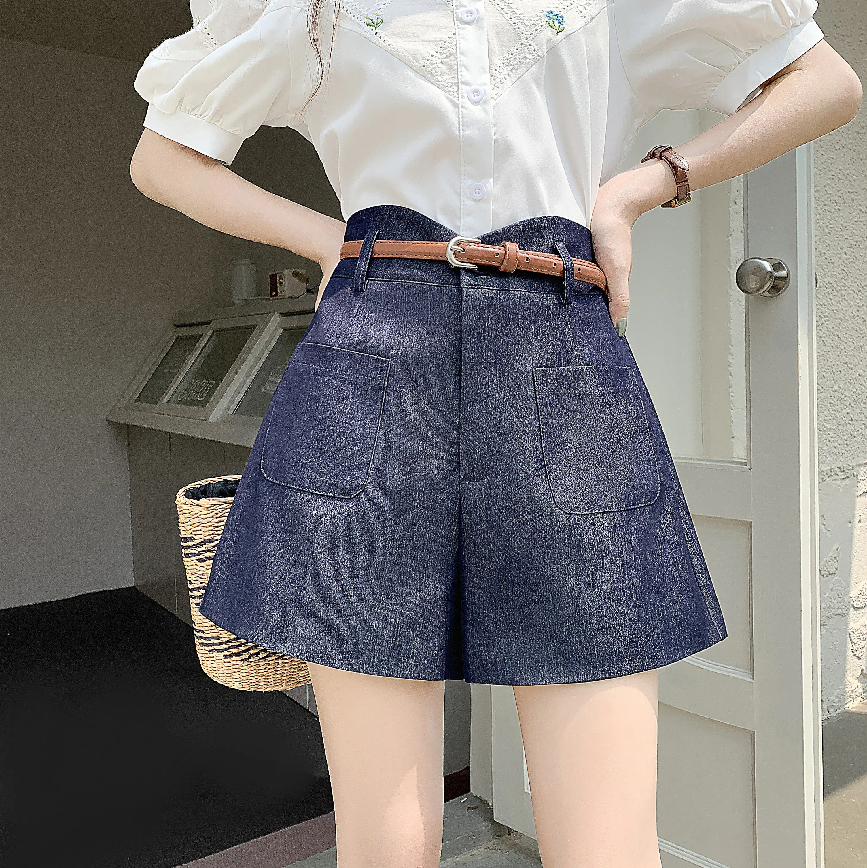Shorts Women Wide Leg Shorts for Women High Waist Cargo Pants A-line Shorts with Belt 2023 Fashion Pockets Casual Women Clothing