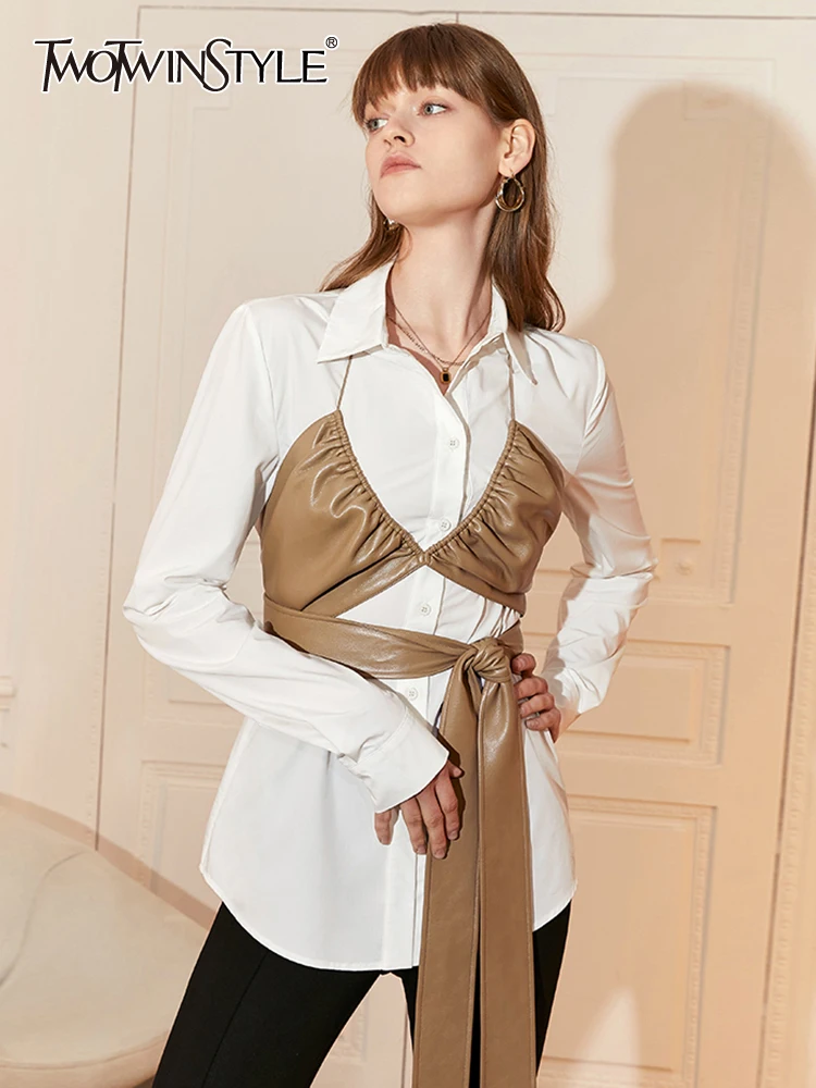 

TWOTWINSTYLE Solid Sexy Tank Tops For Women Halter Collar Sleeveless Cut Out Minimalist PU Leather Vests Female Summer Clothing