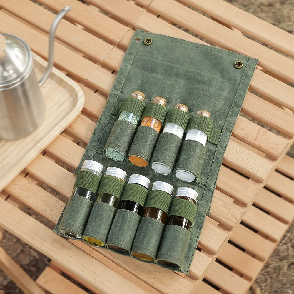 Outdoor Camping Condiment Bottle Storage Bag Picnic Barbecue Flavoring Glass Bottle Combination Set Canvas Shelf