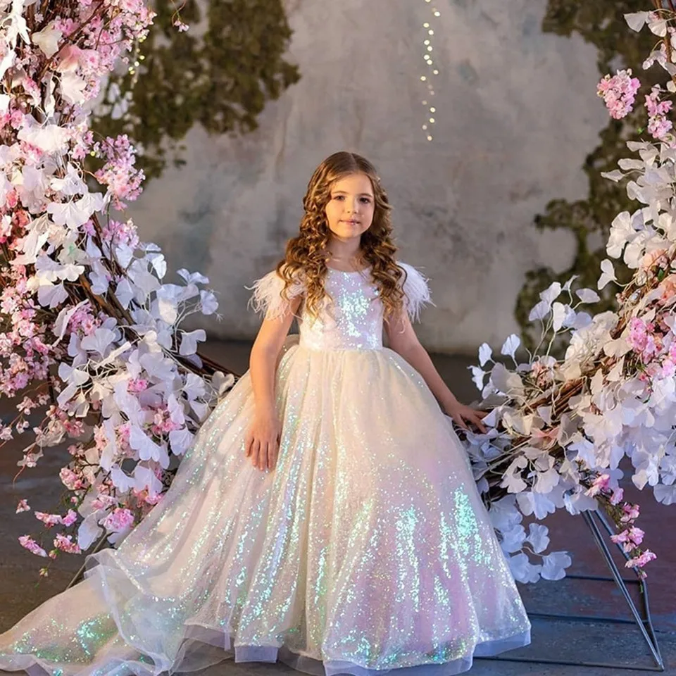 

Flower Girl Dresses Ball Sequins Beaded Tulle Party Princess Kids Pageant Gowns Piano Performance First Communion Celebration