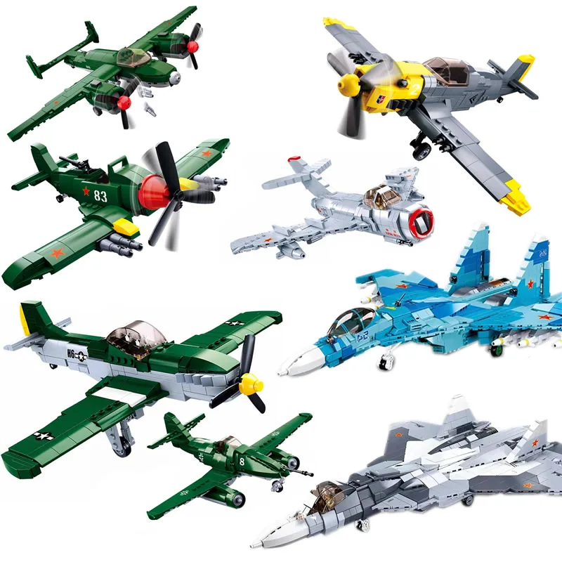 

WW II Military Building Block Helicopters Battle Fighter A Airplane Set Armed Model Brick Transport Plane Jets Gunship Technique