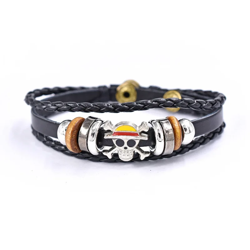 

One Piece Luffy Pirate Bracelet Cartoon Action Figure Toy Straw Hat Punk Black Leather Braided Bracelet Cosplay Accessories Gift