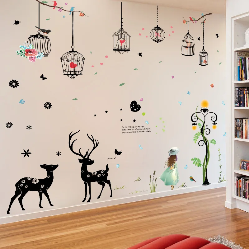 

Wall Stickers Under Street Lamp Girl Birdcage Love Elk Combined Decoration Stickers Home Background Wallpaper