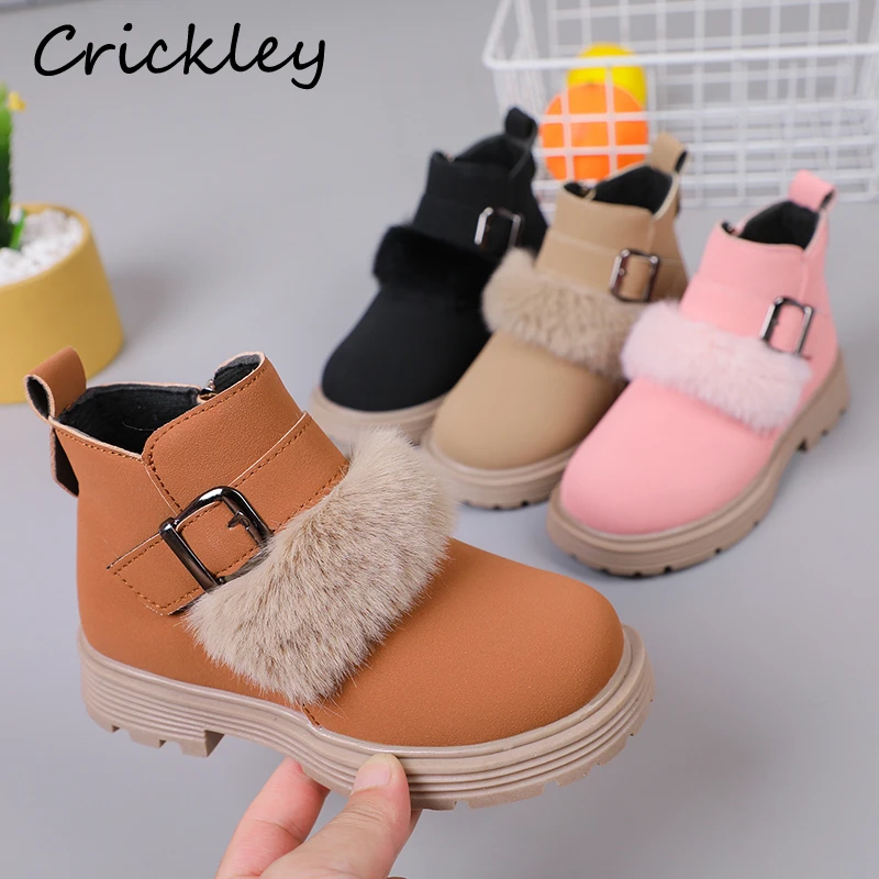 

2022 Faux Fur Girls Winter Shoes Buckle Warm Solid Kids Fashion Boots Zipper Princess Short PU Non Slip Children Ankle Boots