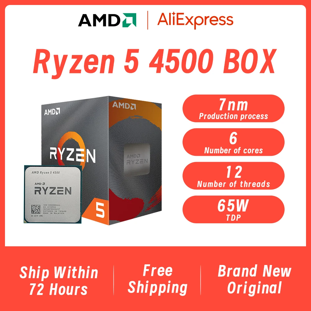 

100% New AMD Ryzen 5 4500 R5 4500 With Box CPU 3.6 GHz 6-Core 12-Thread 100-000000644 65W PCIe 3.0 Socket AM4 With Fan