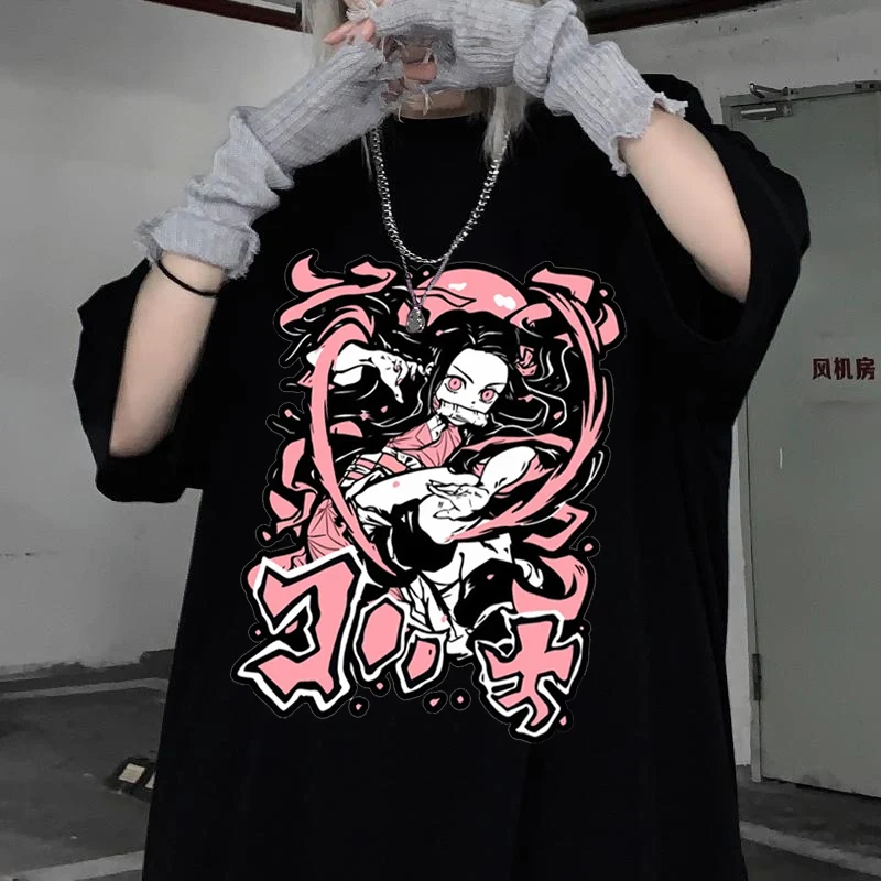 

Anime T Shirt Women Demon Slayer Kimetsu No Yaiba Print Clothes Streetwear Tops Summer Black Harajuku Tee Shirts Women's T-shirt