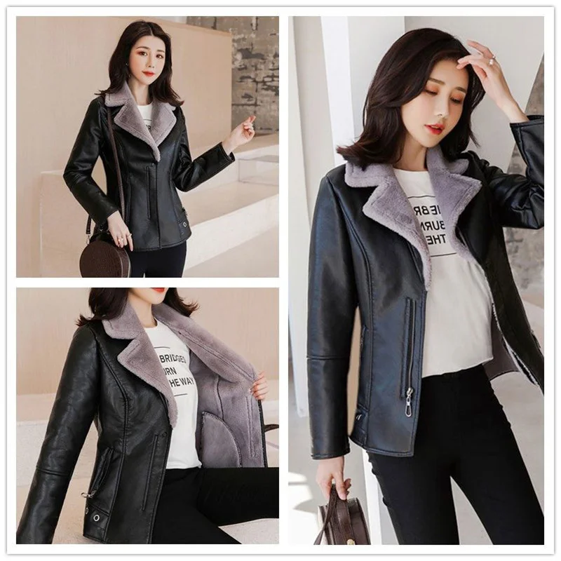 2023 New Winter PU Leather Jacket Women Short Blazers Coat Fleece Double-faced Fur Leather Outerwear Lady Slim Suit Tops Jackets